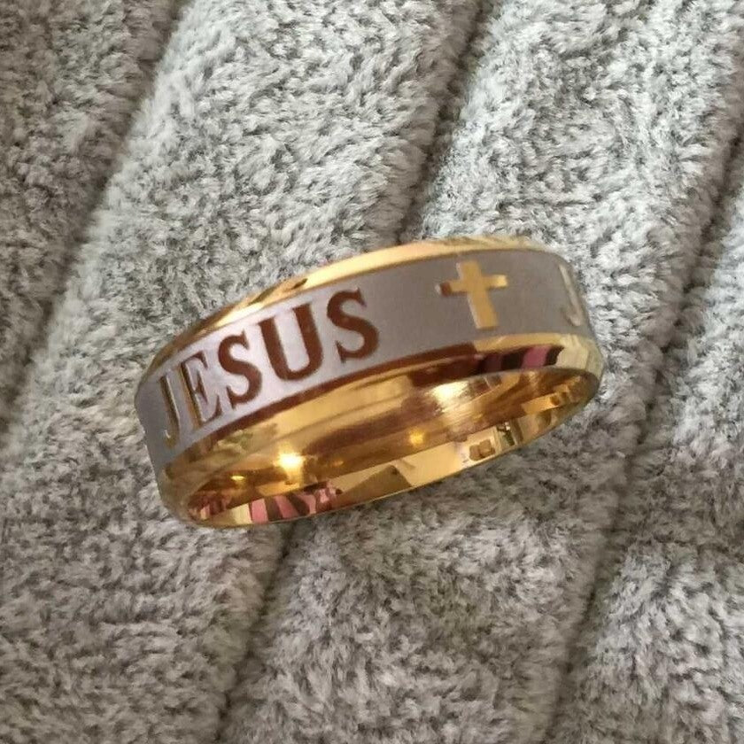 1pc High Quality Large Size 8mm 316 Titanium Steel 18K Silver Plated Gold Plated Jesus Cross Letter Bible Wedding Ring