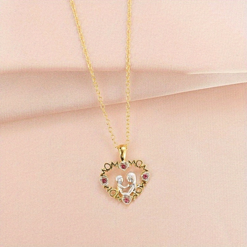 Creative Pendant Necklace Heart Shaped MOM Letter Inlay Mother And Child Silhouette Shaped Pendant Crystal Jewelry For Mom Mother's Day Gifts