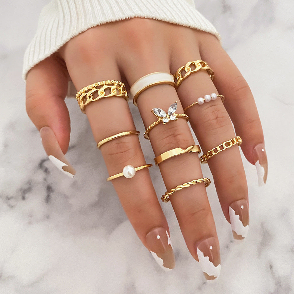 10 Pcs Gold Geometric Chain Butterfly Rhinestone Rings For Girls Women