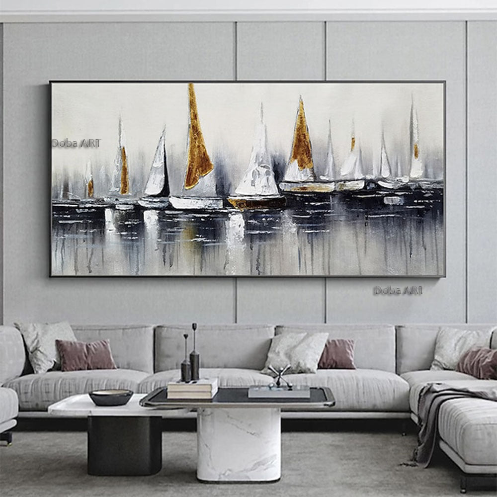 Handmade Hand Painted Wall Art On Canvas Abstract Horizontal Abstract Ocean Sailboat Landscape Modern Home Living Room hallway bedroom luxurious decorative painting