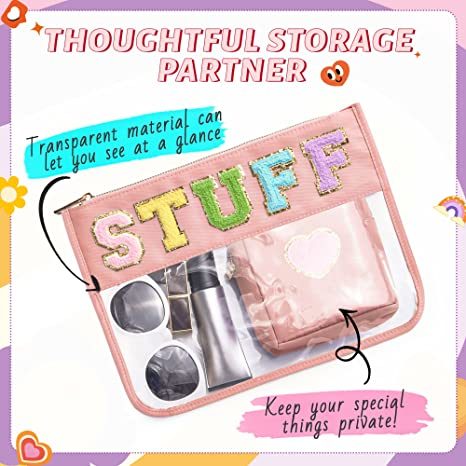 Chenille Letter Clear Bag Purse Multi-purpose Transparent Waterproof Stuff Makeup Tote Bag; 2 Pack Stuff Pouch Varsity Letter Cosmetic Bag; Toiletry Bag with Patches Preppy Patch Makeup Bag