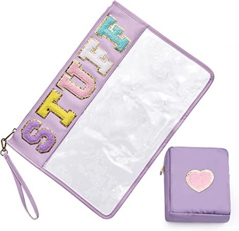 Chenille Letter Clear Bag Purse Multi-purpose Transparent Waterproof Stuff Makeup Tote Bag; 2 Pack Stuff Pouch Varsity Letter Cosmetic Bag; Toiletry Bag with Patches Preppy Patch Makeup Bag