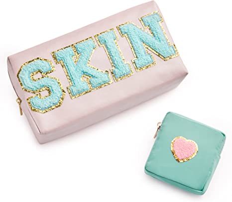 Chenille Letter Clear Bag Purse Multi-purpose Transparent Waterproof Stuff Makeup Tote Bag; 2 Pack Stuff Pouch Varsity Letter Cosmetic Bag; Toiletry Bag with Patches Preppy Patch Makeup Bag