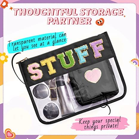 Chenille Letter Clear Bag Purse Multi-purpose Transparent Waterproof Stuff Makeup Tote Bag; 2 Pack Stuff Pouch Varsity Letter Cosmetic Bag; Toiletry Bag with Patches Preppy Patch Makeup Bag