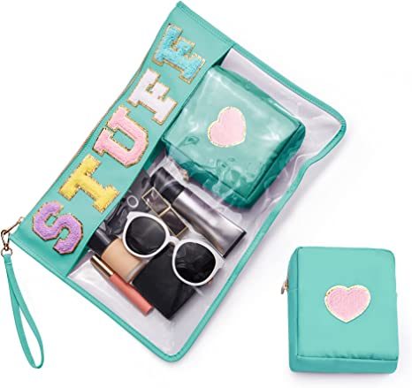 Chenille Letter Clear Bag Purse Multi-purpose Transparent Waterproof Stuff Makeup Tote Bag; 2 Pack Stuff Pouch Varsity Letter Cosmetic Bag; Toiletry Bag with Patches Preppy Patch Makeup Bag