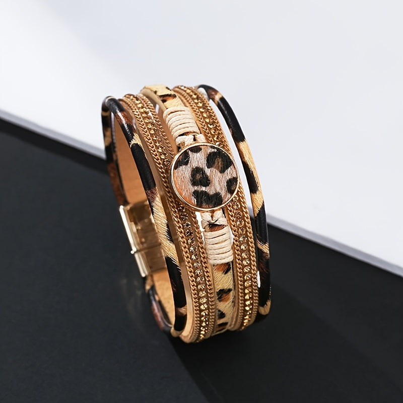 Multilayer Braided Leopard Print Magnetic Button Leather Bracelet For Women Charms Jewelry Gift Birthday Gifts For Women Wife Girls Her