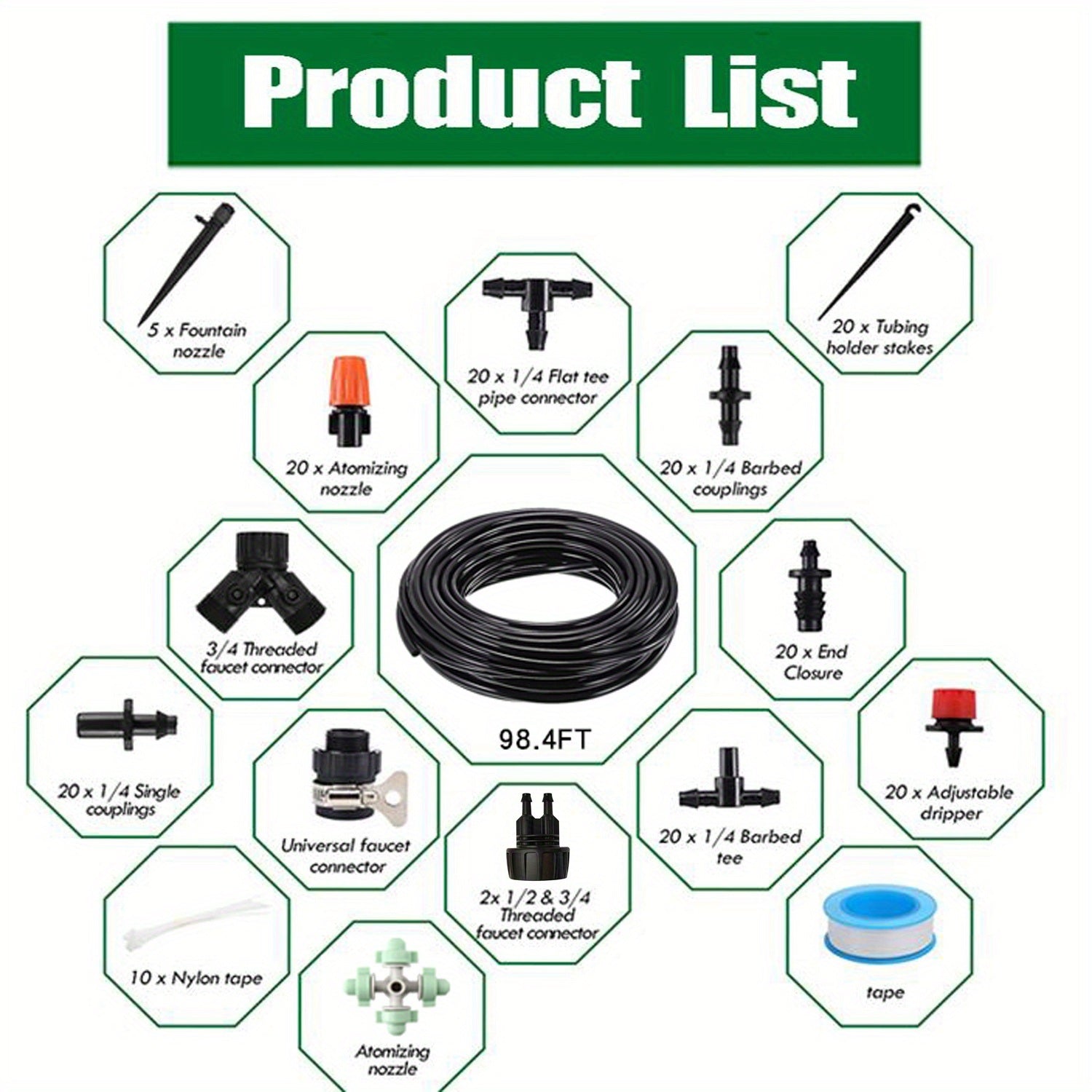 Set Of Garden Irrigation Kit; 98.4ft 1/4" Drip Irrigation Kit Garden Irrigation System With Adjustable Nozzle Dripper Automatic Irrigation Equipment Set For Garden; Greenhouse; Patio; Lawn