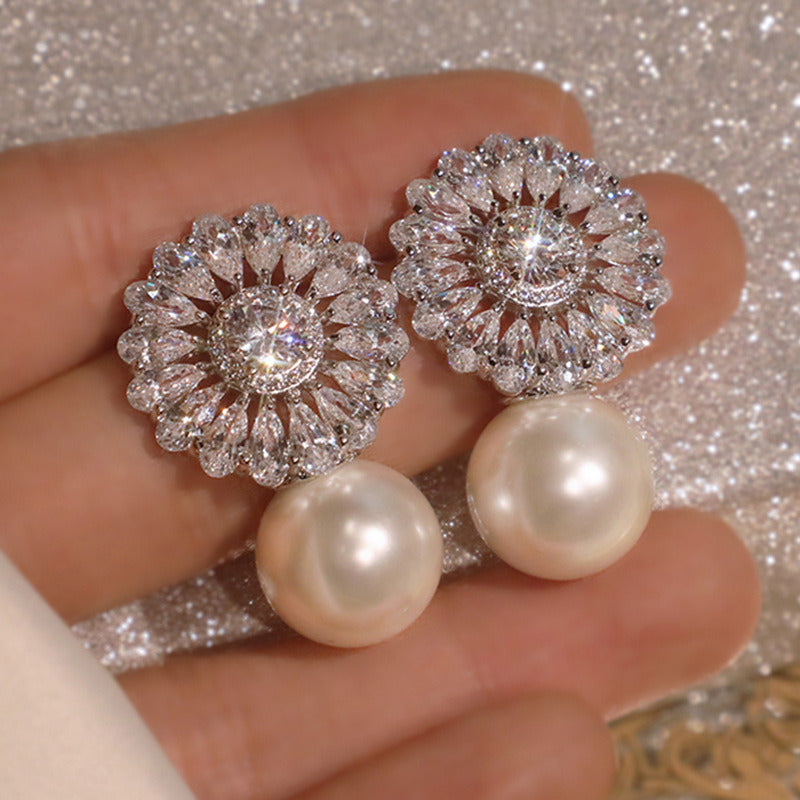 Baroque Style Women's Flower Zirconia Imitation Pearl Earrings Sweet Bridal Engagement Dinner Jewelry