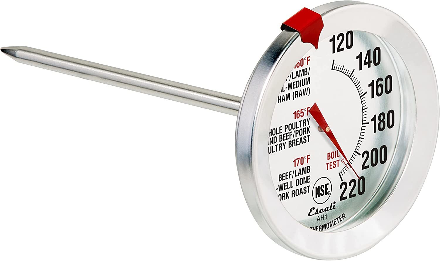 Escali AH1 Stainless Steel Oven Safe Meat Thermometer; Extra Large 2.5-inches Dial; Temperature Labeled for Beef; Poultry; Pork; and Veal Silver NSF Certified