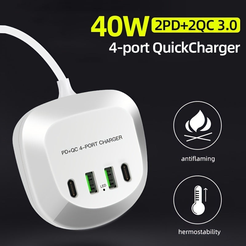 40W USB Fast Charger 4 Port -2PD Port 20W Fast Charging Station PD+QC3.0 Compatible With All Smartphones And Iphone/ipad/Samsung/; Android; Other USB Devices