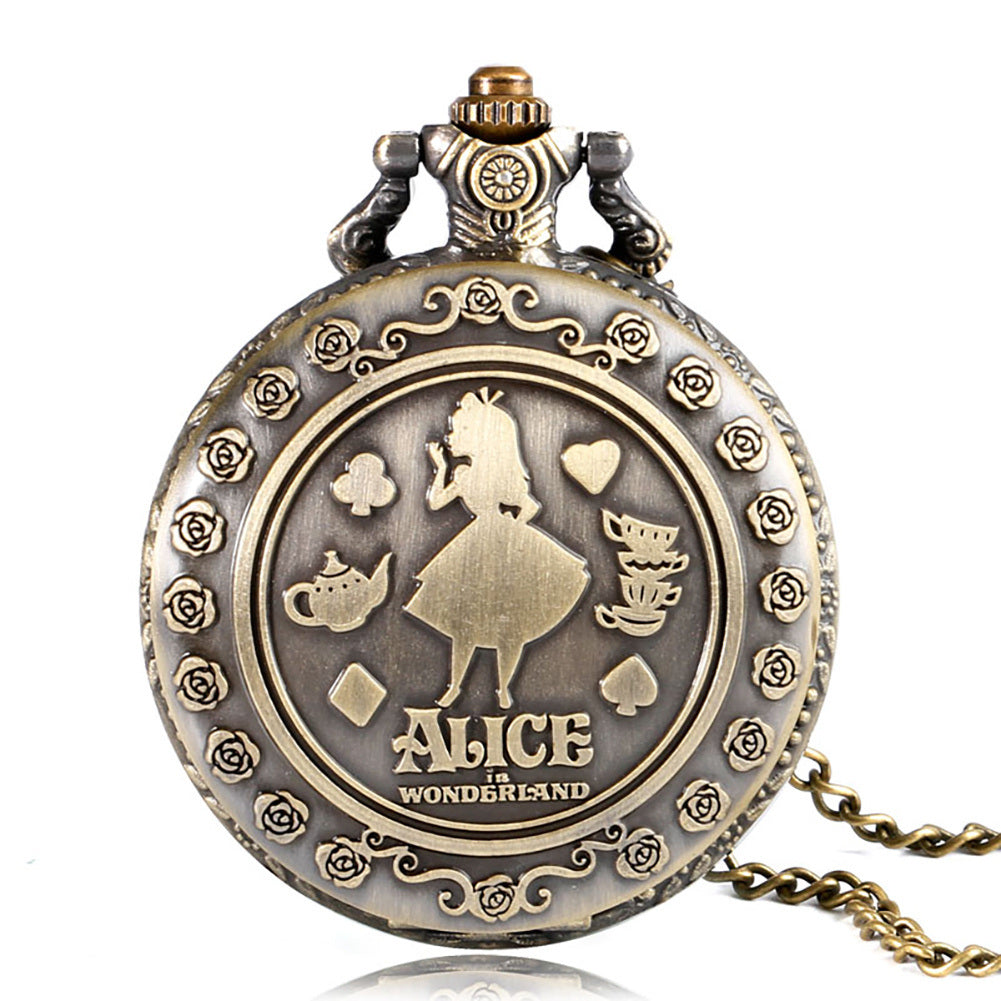 Alice In Wonderland Pocket Watch Girl Pattern Cover Clock Women Practical Alloy Slim Chain Pendant Watches