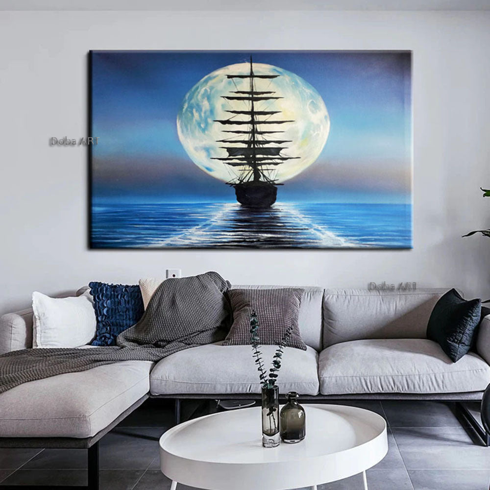 Handmade Sailboat Painting Seascape Original Art Boat Painting Nautical Artwork Full Moon Canvas Painting Night Sky Wall Art