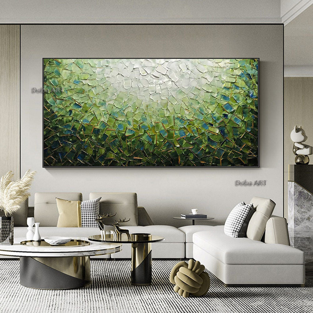 Handmade Large Abstract Oil Painting on Canvas; Original Textured Boho Wall Art Green Fancy Acrylic Painting Modern Living Room Home Decor
