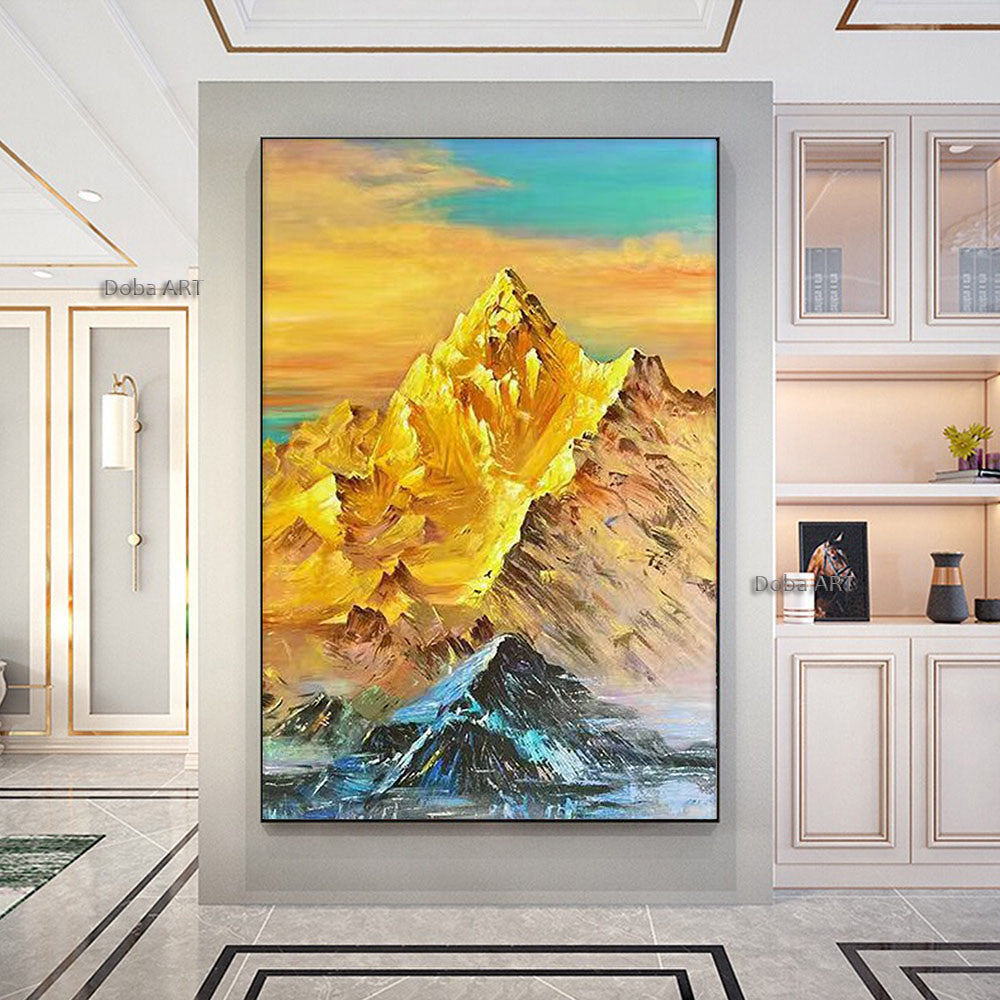 Handmade Large Golden Mountain Oil Painting; Textured Acrylic Painting Modern Landscape Modern Wall Art Living Room Home Decor