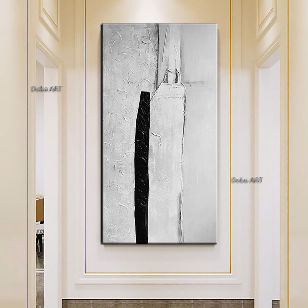 Minimalist hand-painted oil painting black; white and gray modern luxury abstract large hallway decorative painting living room background wall painting