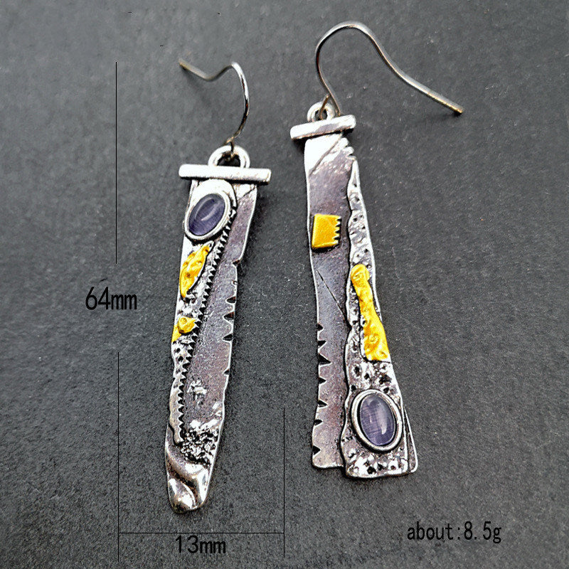 Rongyuomei Plated S925 Vintage Thai Silver Sickle Serrated Earrings Inlaid Amethyst Color Separation Earrings Hot Sale