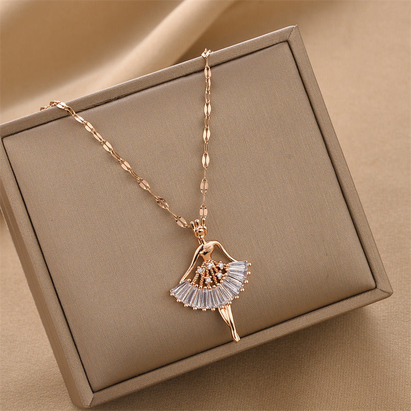 Micro Inlaid Zircon Ballet Girl Pendant Titanium Steel Necklace For Women