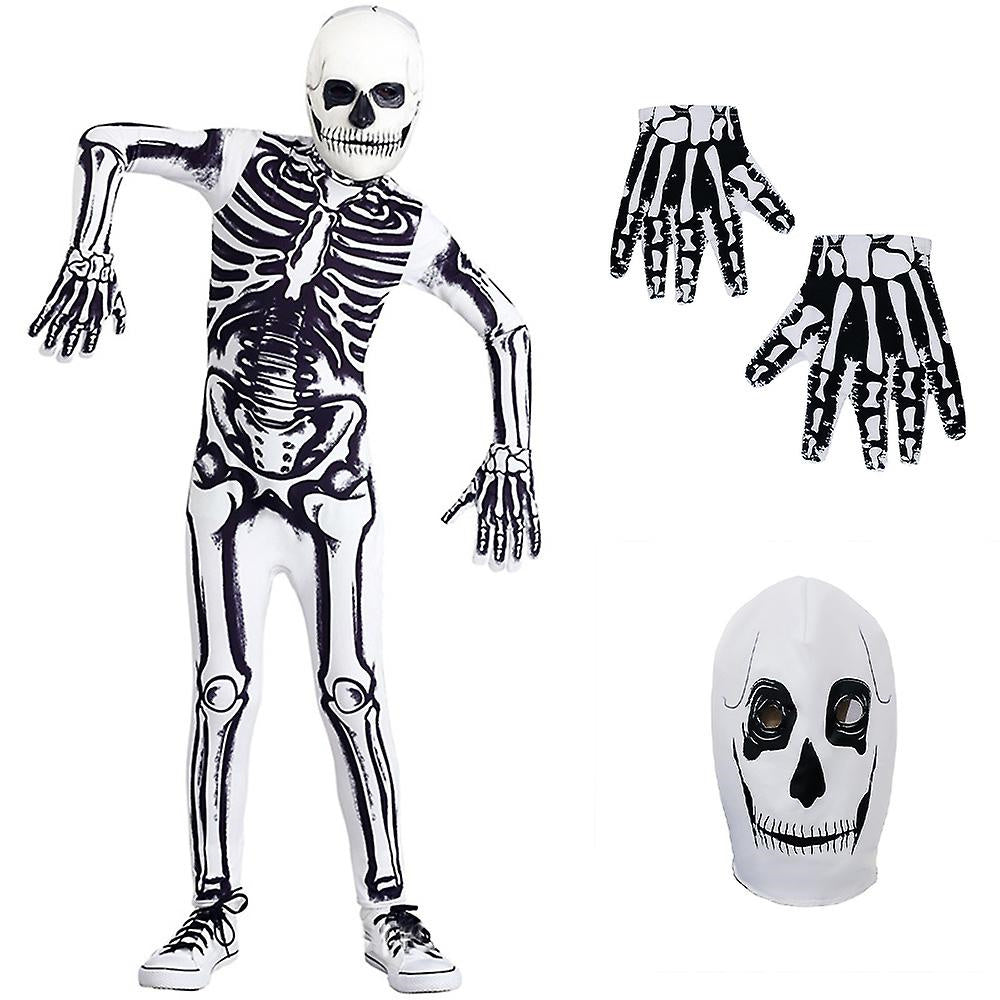 3-14 Years Kids Skeleton Bodysuit Gloves Mask Cosplay Sets Kids Halloween Costume Skeleton Jumpsuit