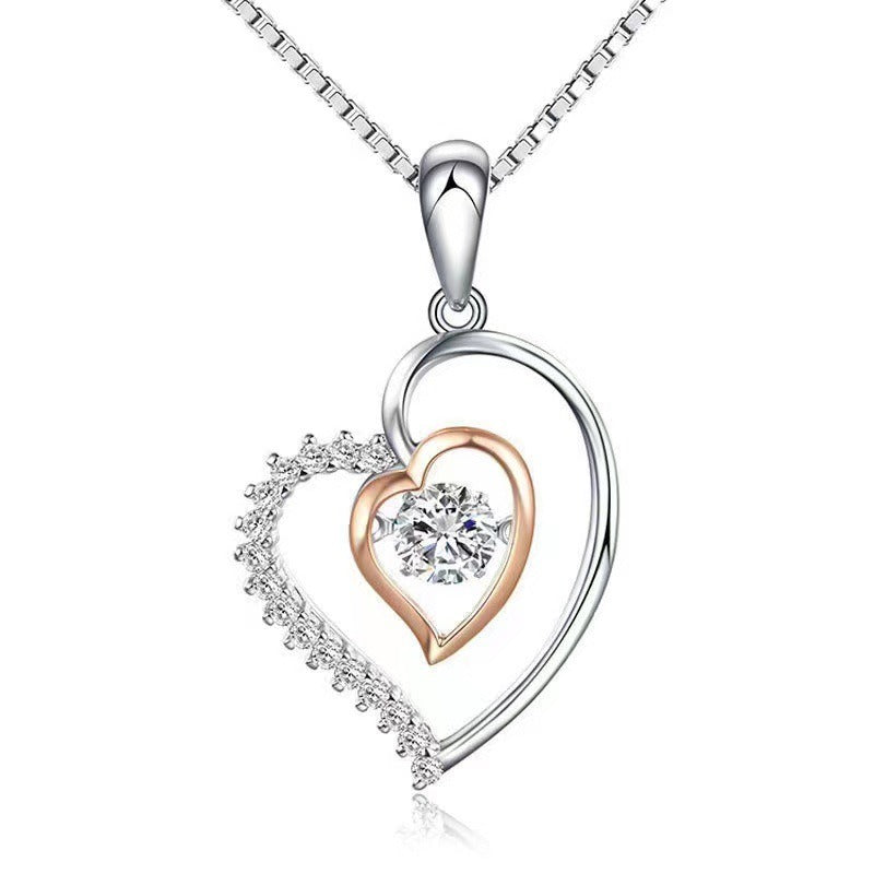 Silver Double Love Heart Moving Necklace Female Beating Heart