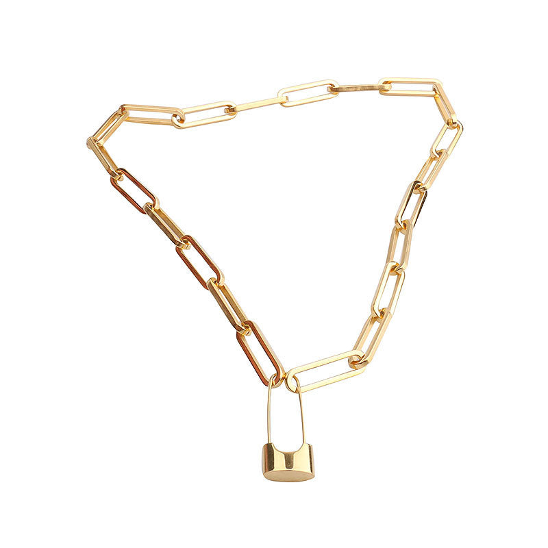 Vintage Distressed Gold Lock Pin Chain Choker Necklace