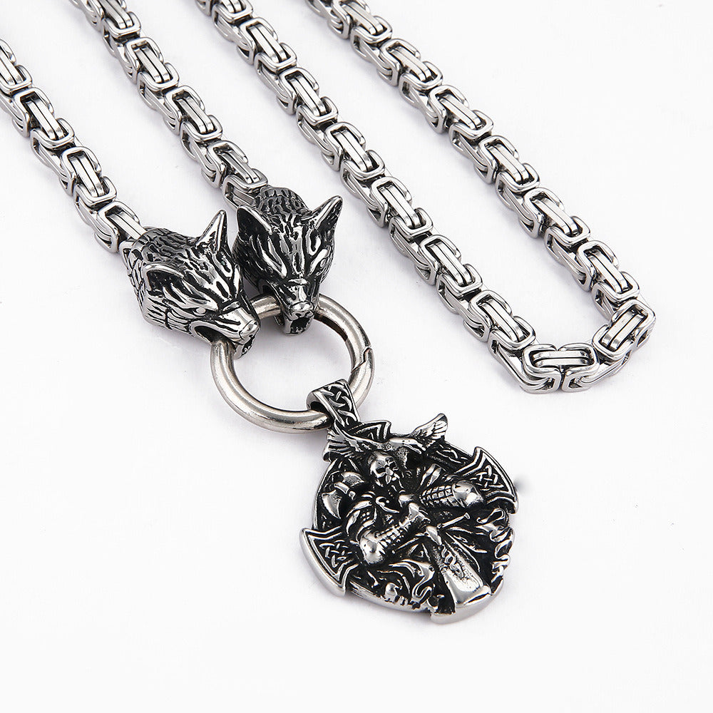 Stainless Steel Nordic Viking Wolf Head Aoding Warrior Pendant Necklace Charm