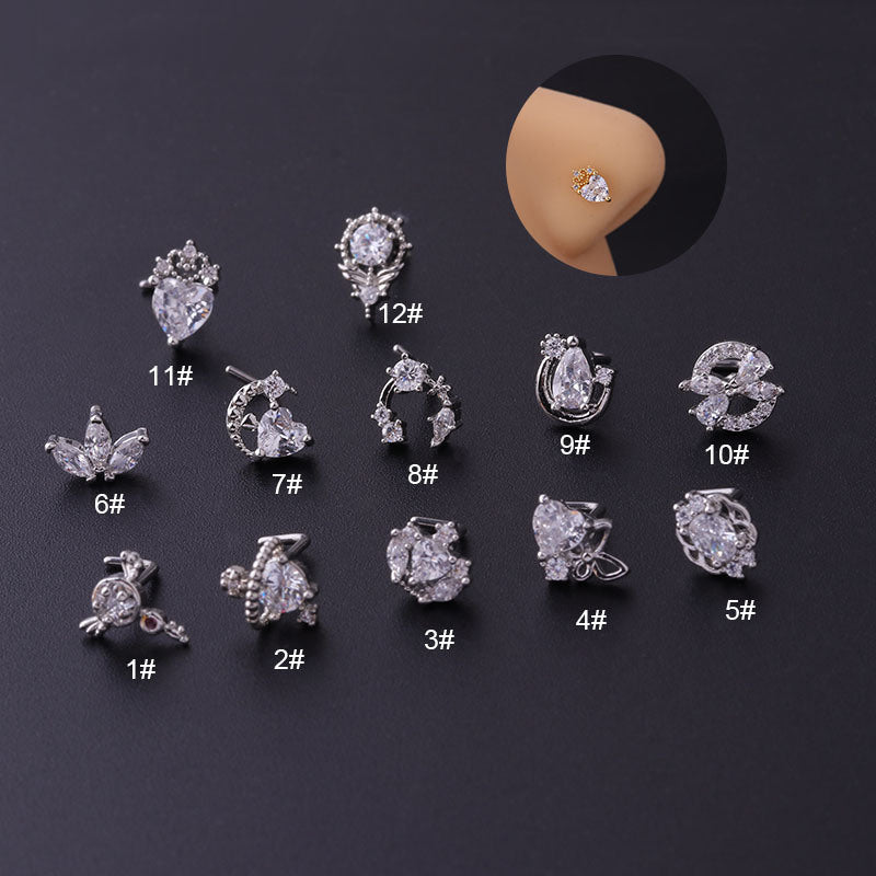 Titanium Screw Rod Love Crown Zircon Nose Nail