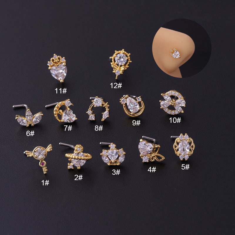 Titanium Screw Rod Love Crown Zircon Nose Nail