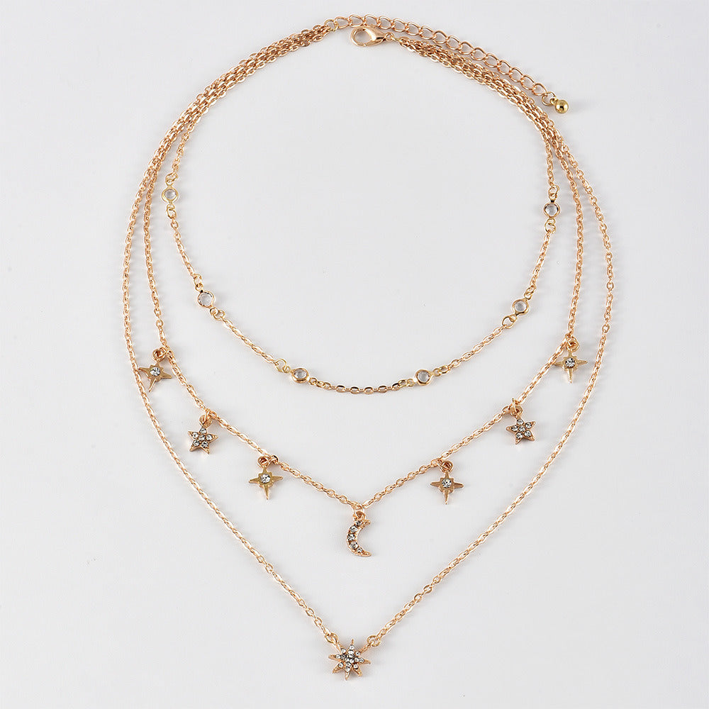 Full Diamond Moon Five-pointed Star Multi-layer Women's Necklace Combination