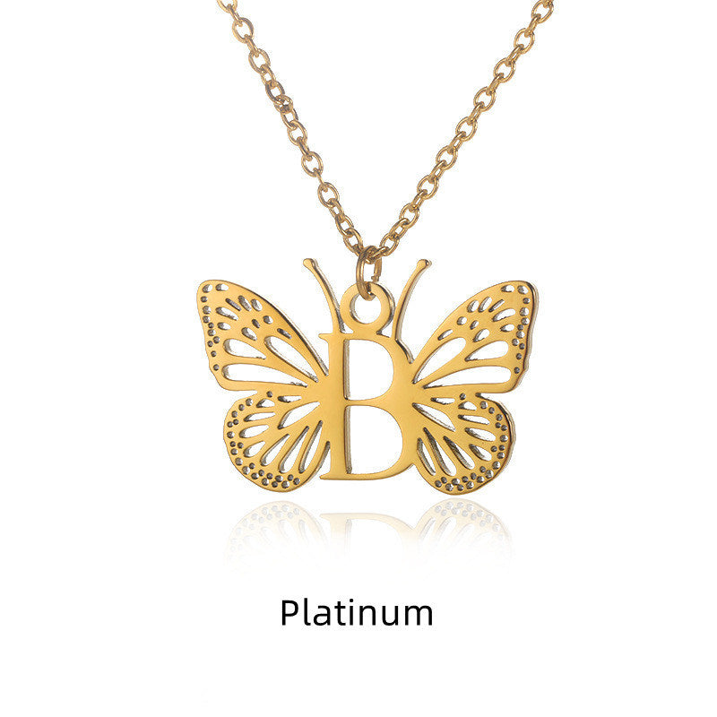 New Personality Niche Design Stainless Steel Butterfly 26 Letter Necklace