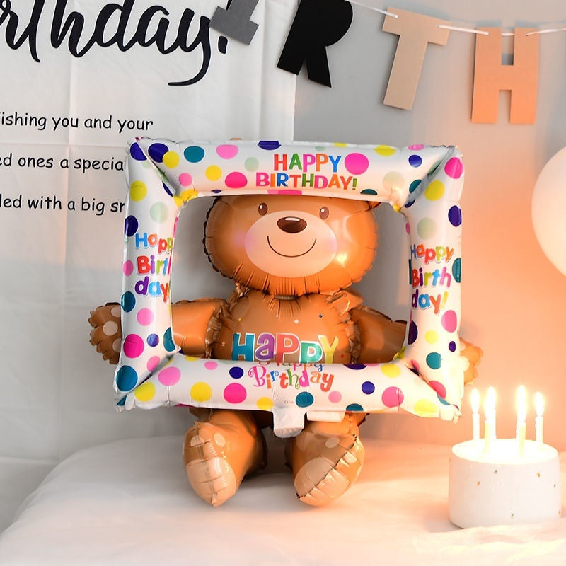 (2pcs/1 set)Cartoon bear balloons, birthday party decorations, balloon photo frames, photo props