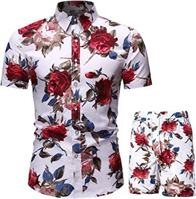 Men's Flower 2 Piece Tracksuit Shirt Casual Hawaiian Short Sleeve Shirts and Pants Suit