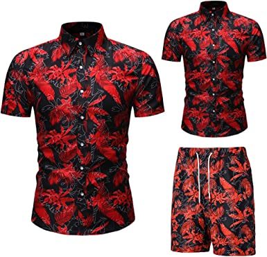 Men's Flower 2 Piece Tracksuit Shirt Casual Hawaiian Short Sleeve Shirts and Pants Suit