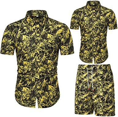Men's Flower 2 Piece Tracksuit Shirt Casual Hawaiian Short Sleeve Shirts and Pants Suit