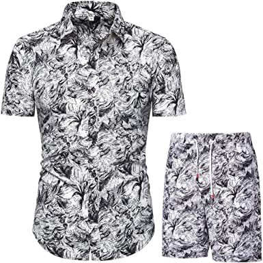 Men's Flower 2 Piece Tracksuit Shirt Casual Hawaiian Short Sleeve Shirts and Pants Suit