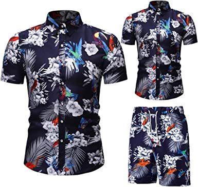 Men's Flower 2 Piece Tracksuit Shirt Casual Hawaiian Short Sleeve Shirts and Pants Suit