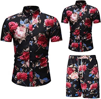 Men's Flower 2 Piece Tracksuit Shirt Casual Hawaiian Short Sleeve Shirts and Pants Suit