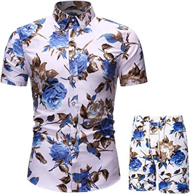 Men's Flower 2 Piece Tracksuit Shirt Casual Hawaiian Short Sleeve Shirts and Pants Suit