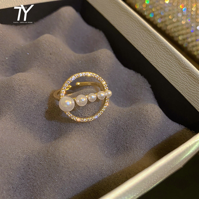 Design Sense Round Pearl Opening Rings For Woman 2021 New Gothic Korean Fashion Jewelry Wedding Party Girl's Sexy Ring Set Gift