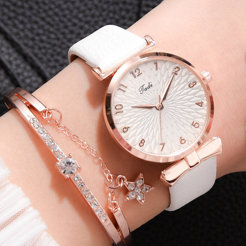 Fashion Women Watches Luxury Leather Flower Rhinestone Watch for Women Ladies Quartz Wrist Watch with Bracelet Set Reloj Mujer
