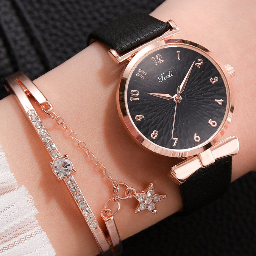 Fashion Women Watches Luxury Leather Flower Rhinestone Watch for Women Ladies Quartz Wrist Watch with Bracelet Set Reloj Mujer