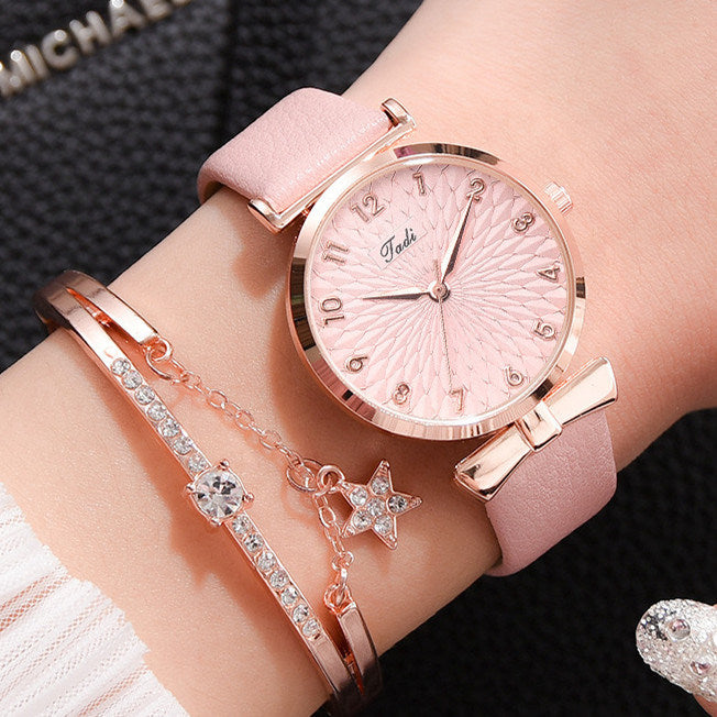Fashion Women Watches Luxury Leather Flower Rhinestone Watch for Women Ladies Quartz Wrist Watch with Bracelet Set Reloj Mujer