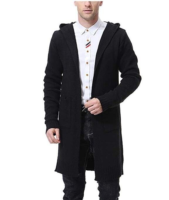 Men's Cardigan Sweater Mid Long Casual Warm Knitted Coat with Hood Padded