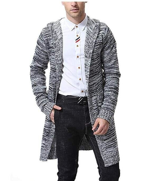 Men's Cardigan Sweater Mid Long Casual Warm Knitted Coat with Hood Padded