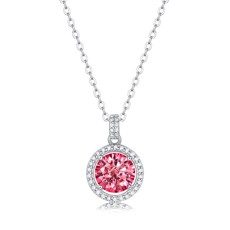 925 Yinhao inlaid round cake, one carat Mossan diamond necklace, pink diamond