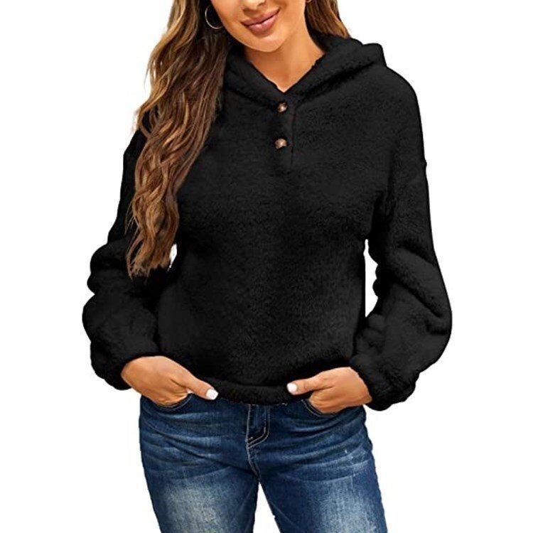 Women Button Sherpa Hooded Sweater Jacket