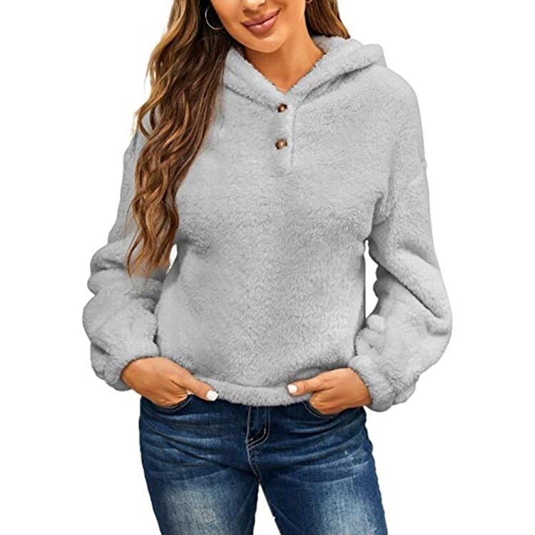 Women Button Sherpa Hooded Sweater Jacket