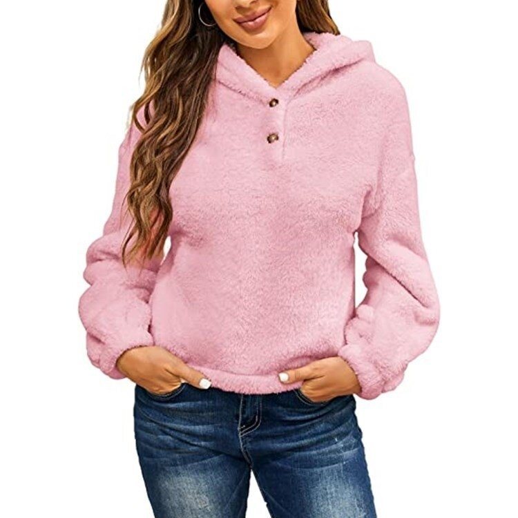 Women Button Sherpa Hooded Sweater Jacket