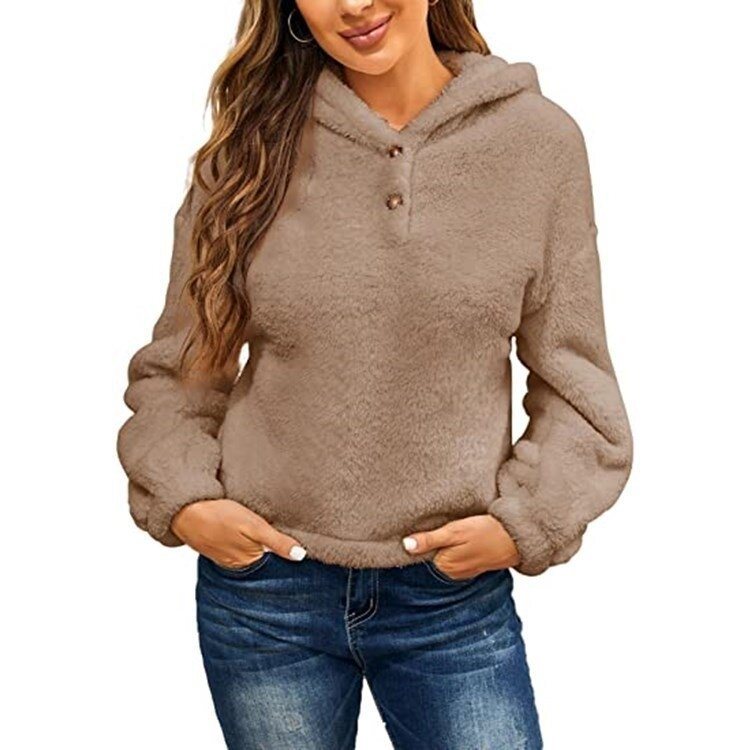 Women Button Sherpa Hooded Sweater Jacket