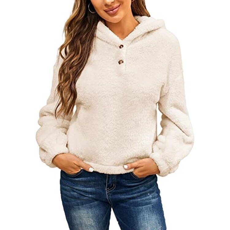 Women Button Sherpa Hooded Sweater Jacket