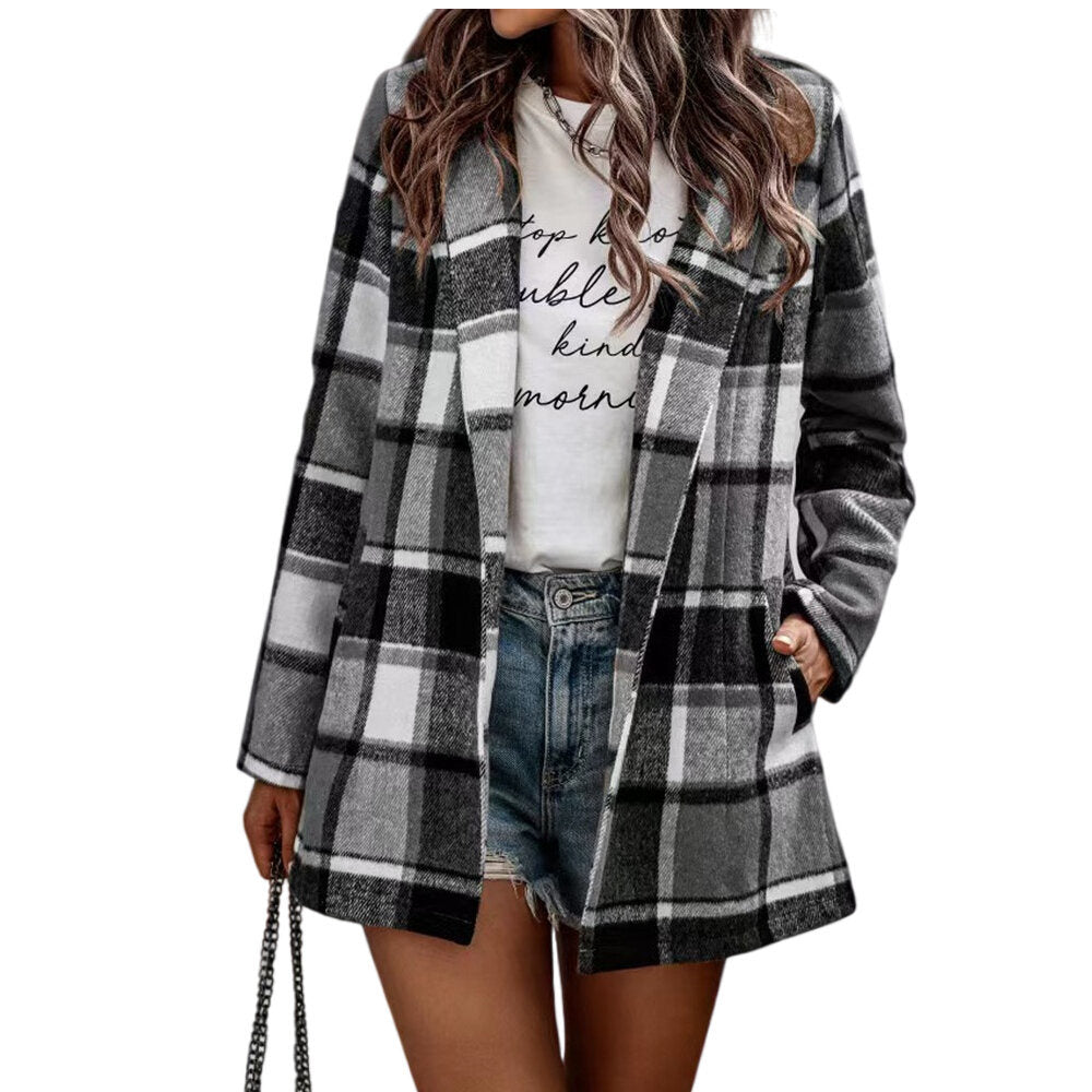 Women's Loose Check Pocket Wool Jacket Cardigan Lapel Top